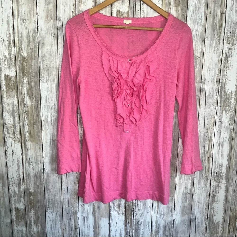 J.Crew Pink Ruffle Front Top Women’s M Cotton Feminine Casual Blouse Long Sleeve